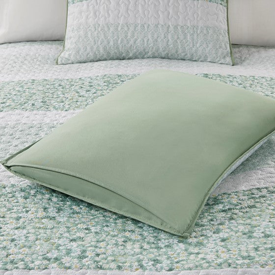 Coastal Floral Quilt Set - 4PC Shabby Chic Seersucker Quilt - Green
