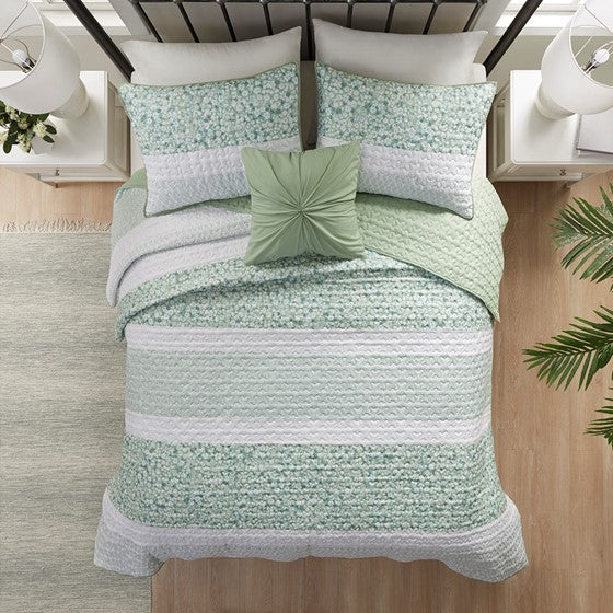 Coastal Floral Quilt Set - 4PC Shabby Chic Seersucker Quilt - Green
