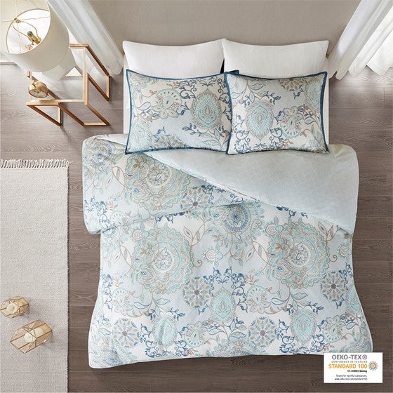 Coastal Blue Medallion Floral Duvet Cover Set - Isla 3PC Cotton