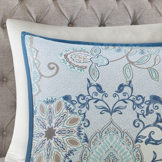 Coastal Blue Medallion Floral Duvet Cover Set - Isla 3PC Cotton