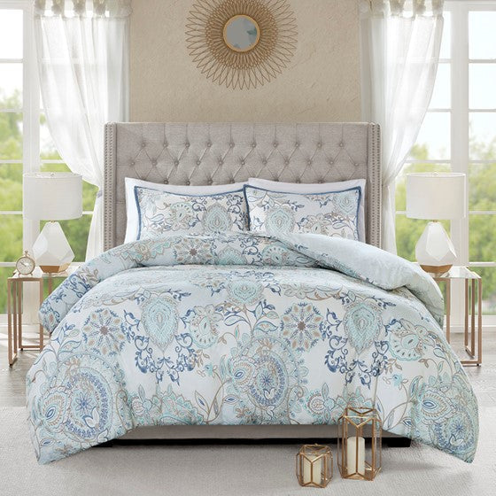 Coastal Blue Medallion Floral Duvet Cover Set - Isla 3PC Cotton