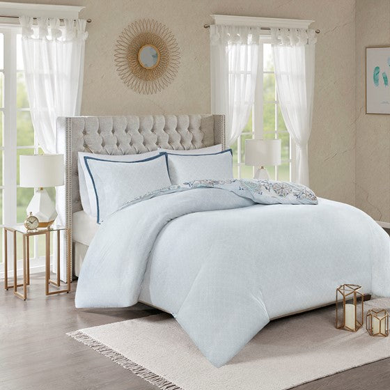 Coastal Blue Medallion Floral Duvet Cover Set - Isla 3PC Cotton