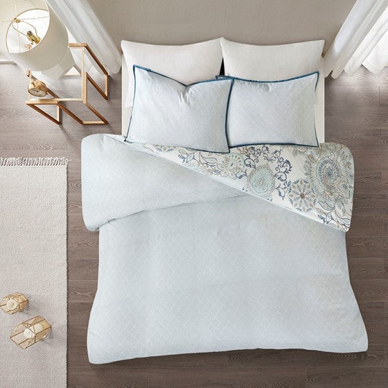 Coastal Blue Medallion Floral Duvet Cover Set - Isla 3PC Cotton