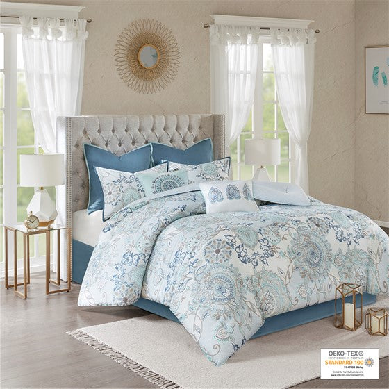 Coastal Blue Medallion Floral Comforter Set - Cotton Isla 8PCS