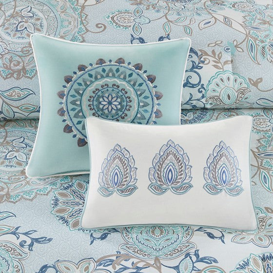 Coastal Blue Medallion Floral Comforter Set - Cotton Isla 8PCS