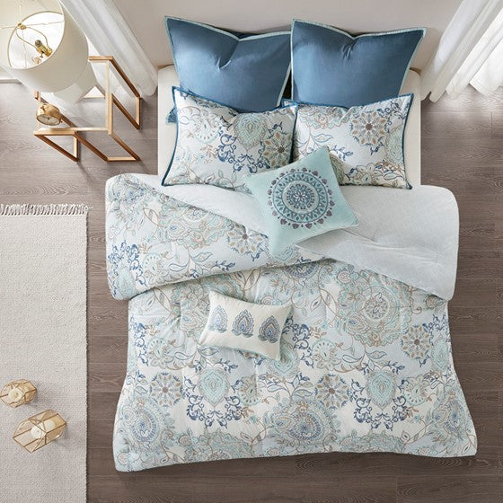 Coastal Blue Medallion Floral Comforter Set - Cotton Isla 8PCS