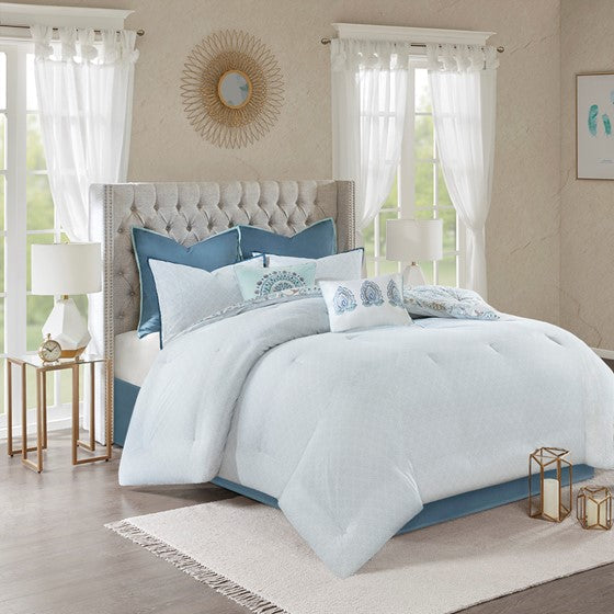 Coastal Blue Medallion Floral Comforter Set - Cotton Isla 8PCS