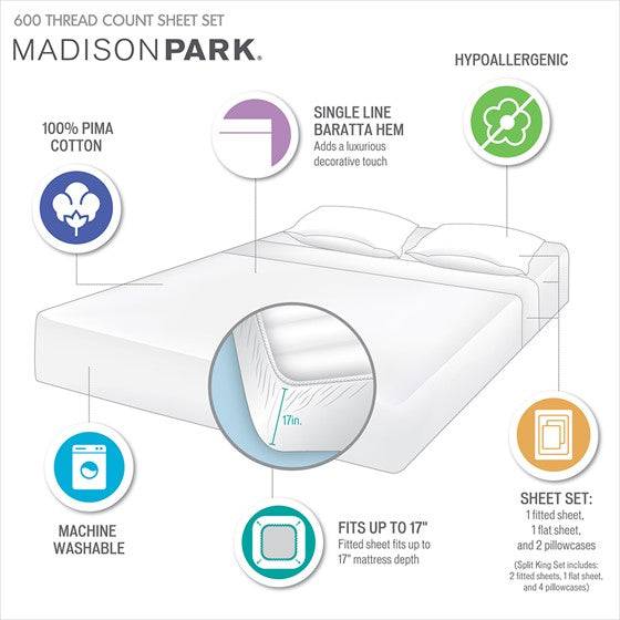 Madison Park Luxury 600TC 100% Pima Cotton Sheet Set With Beautiful Hem Stitching