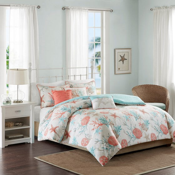 Pebble Beach 6 Piece Cotton Sateen Duvet Cover Set - Coral