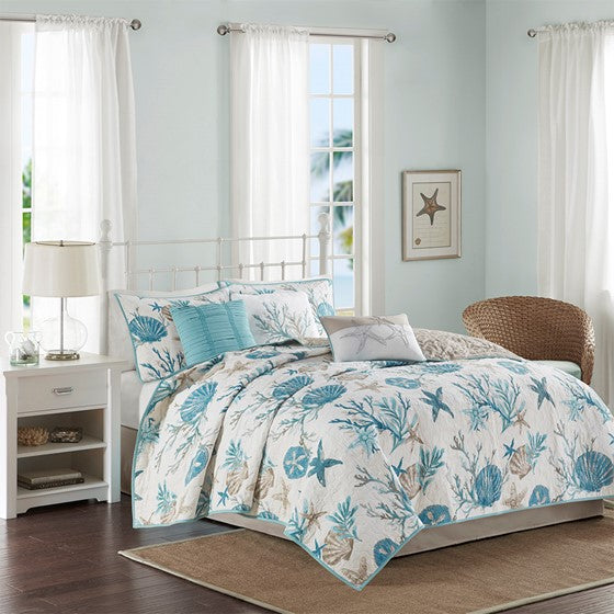 Complete Coastal Bedding Ensemble Pebble Beach Sateen Quilt Set 6PC - Aqua