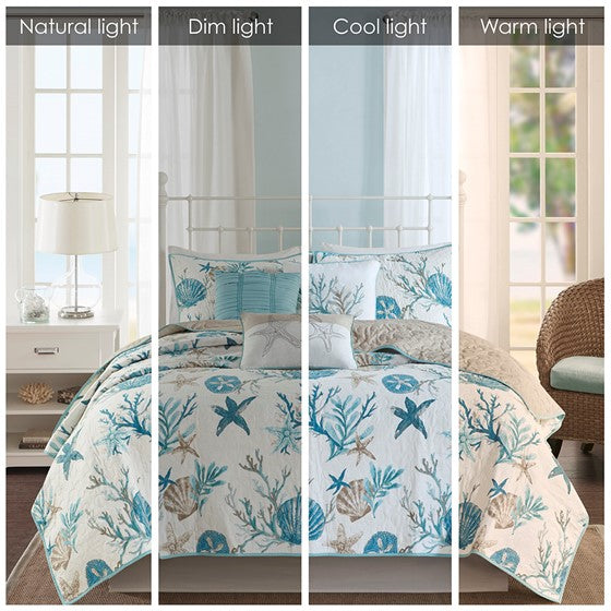Complete Coastal Bedding Ensemble Pebble Beach Sateen Quilt Set 6PC - Aqua