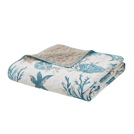 Complete Coastal Bedding Ensemble Pebble Beach Sateen Quilt Set 6PC - Aqua
