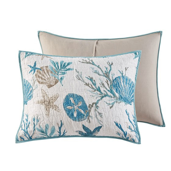 Complete Coastal Bedding Ensemble Pebble Beach Sateen Quilt Set 6PC - Aqua