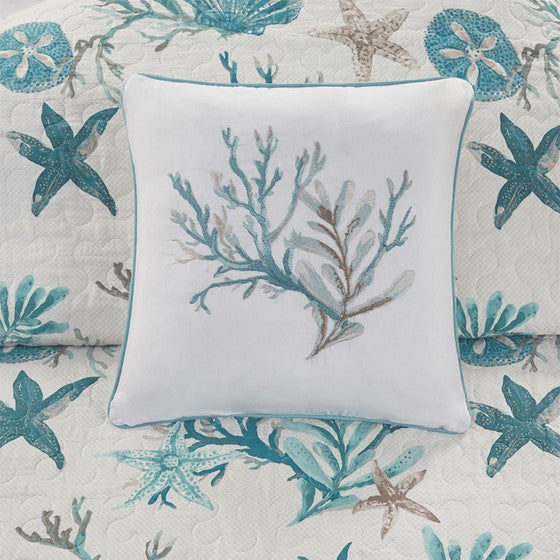 Complete Coastal Bedding Ensemble Pebble Beach Sateen Quilt Set 6PC - Aqua