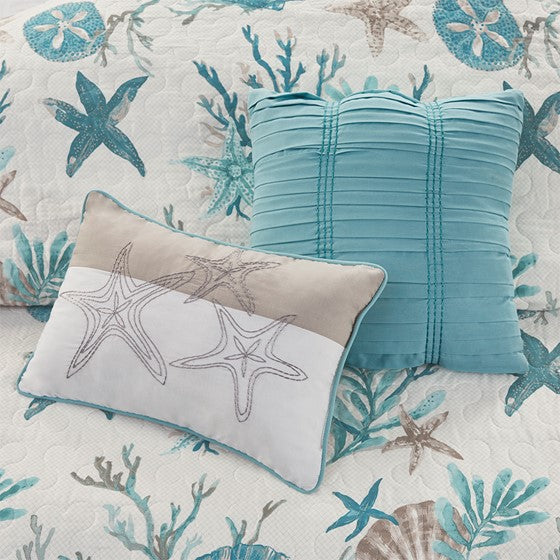 Complete Coastal Bedding Ensemble Pebble Beach Sateen Quilt Set 6PC - Aqua