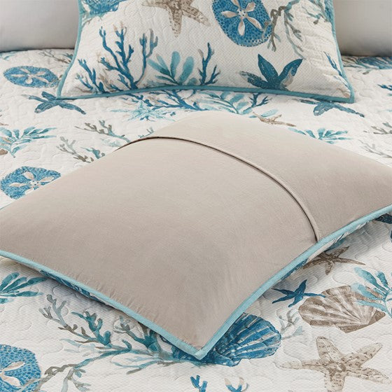 Complete Coastal Bedding Ensemble Pebble Beach Sateen Quilt Set 6PC - Aqua