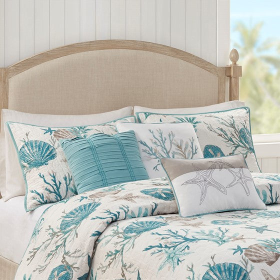 Complete Coastal Bedding Ensemble Pebble Beach Sateen Quilt Set 6PC - Aqua