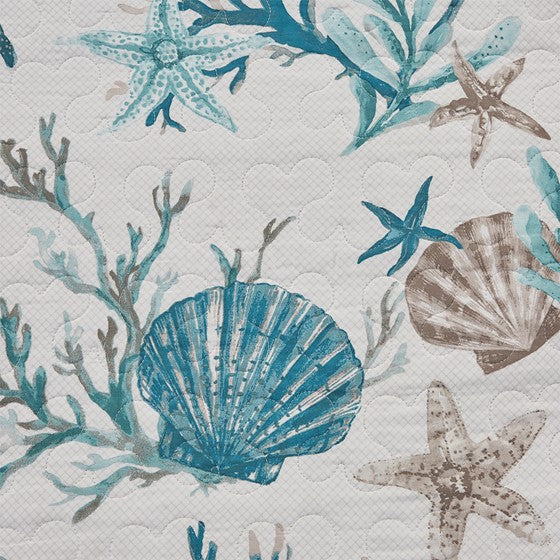 Complete Coastal Bedding Ensemble Pebble Beach Sateen Quilt Set 6PC - Aqua