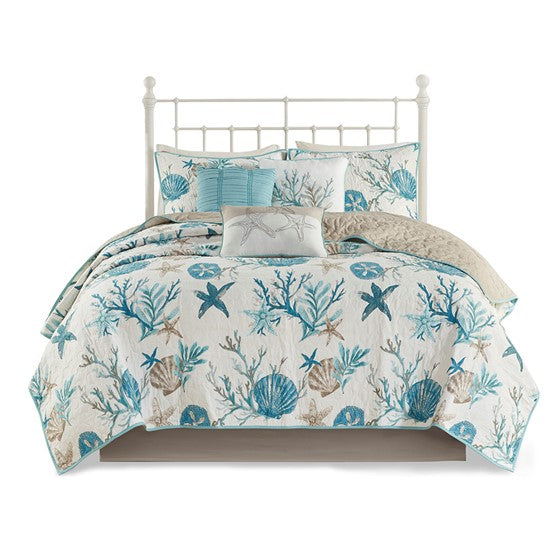 Complete Coastal Bedding Ensemble Pebble Beach Sateen Quilt Set 6PC - Aqua