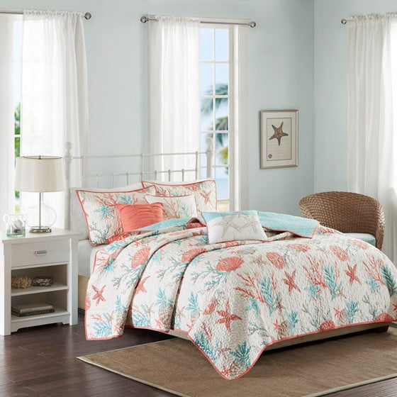 Complete Coastal Bedding Ensemble Pebble Beach Satin Quilt Set 6PC - Coral