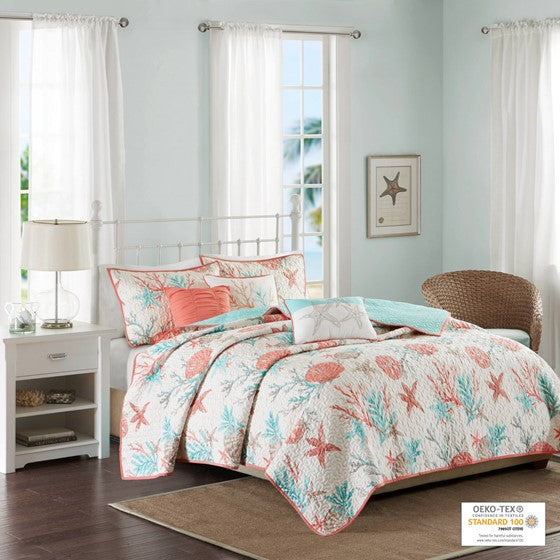 Complete Coastal Bedding Ensemble Pebble Beach Satin Quilt Set 6PC - Coral