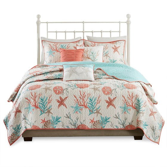 Complete Coastal Bedding Ensemble Pebble Beach Satin Quilt Set 6PC - Coral