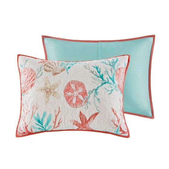 Complete Coastal Bedding Ensemble Pebble Beach Satin Quilt Set 6PC - Coral
