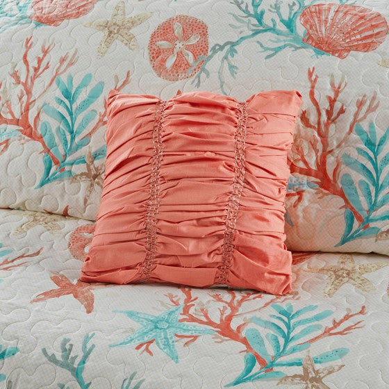 Complete Coastal Bedding Ensemble Pebble Beach Satin Quilt Set 6PC - Coral