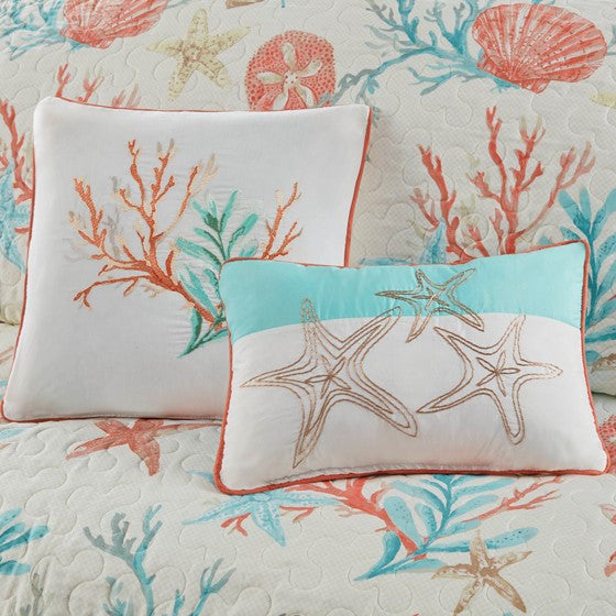 Complete Coastal Bedding Ensemble Pebble Beach Satin Quilt Set 6PC - Coral