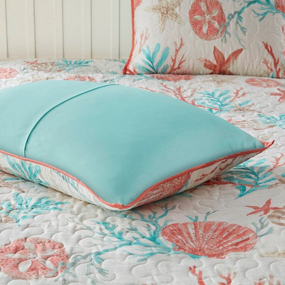 Complete Coastal Bedding Ensemble Pebble Beach Satin Quilt Set 6PC - Coral