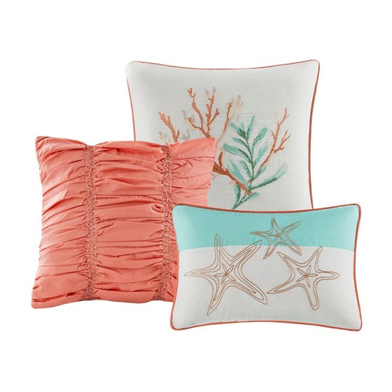 Complete Coastal Bedding Ensemble Pebble Beach Satin Quilt Set 6PC - Coral