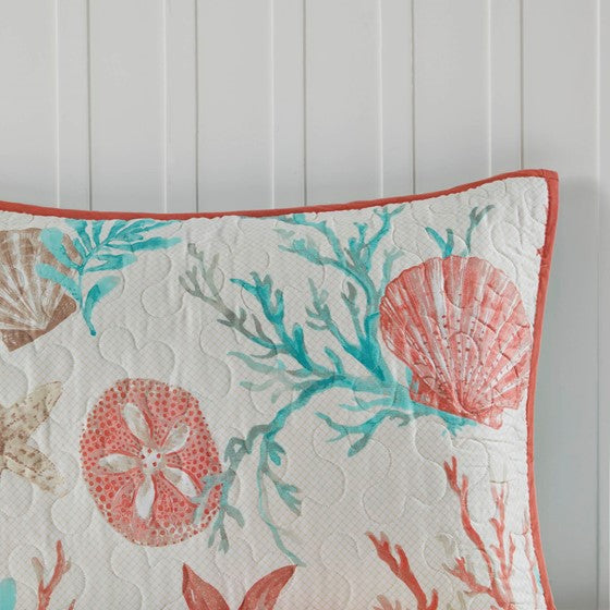 Complete Coastal Bedding Ensemble Pebble Beach Satin Quilt Set 6PC - Coral