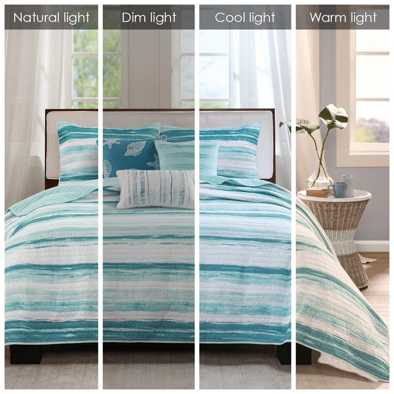 King Coastal Themed Quilt Set - Queen Aqua Quilt Set - Marina 6PC Set