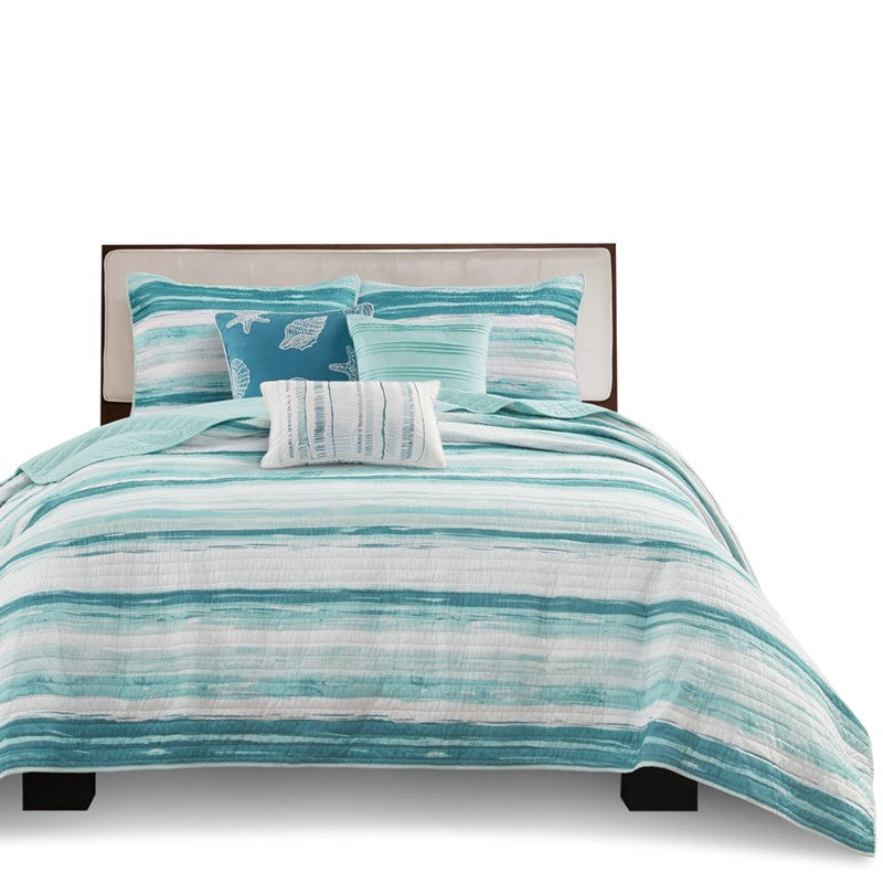 King Coastal Themed Quilt Set - Queen Aqua Quilt Set - Marina 6PC Set