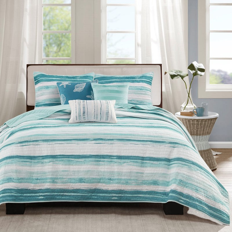 King Coastal Themed Quilt Set - Queen Aqua Quilt Set - Marina 6PC Set