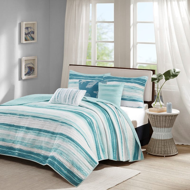 Queen Coastal Themed Quilt Set - Queen Aqua Quilt Set - Marina 6PC Set