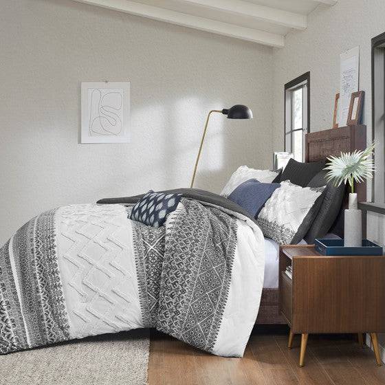 Mila Contemporary Cotton Comforter Set with Chenille Tufting in Gray
