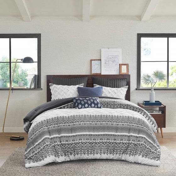 Mila Contemporary Cotton Comforter Set with Chenille Tufting in Gray