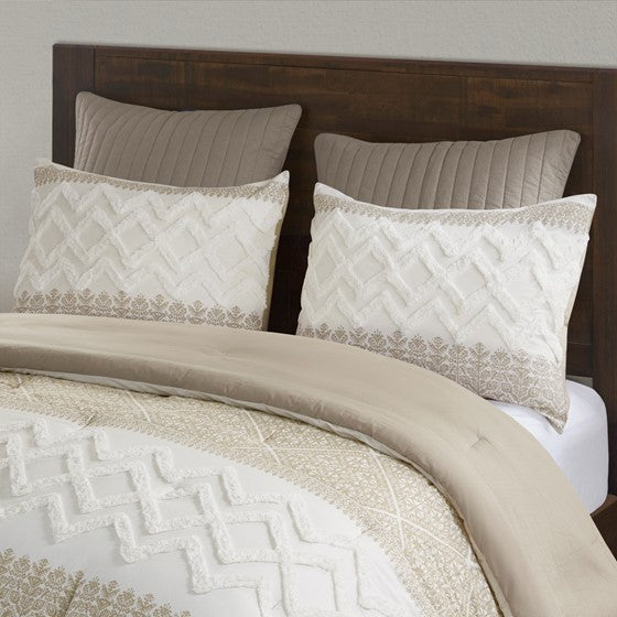 Mila Contemporary Cotton Comforter Set with Chenille Tufting in Taupe