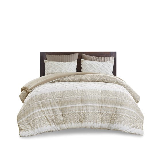 Mila Contemporary Cotton Comforter Set with Chenille Tufting in Taupe