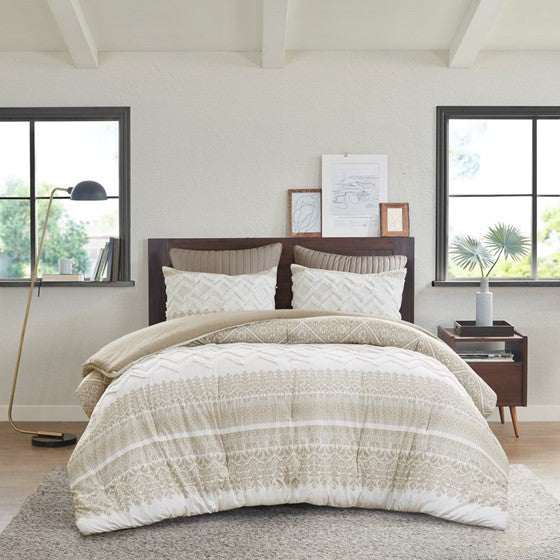 Mila Contemporary Cotton Comforter Set with Chenille Tufting in Taupe