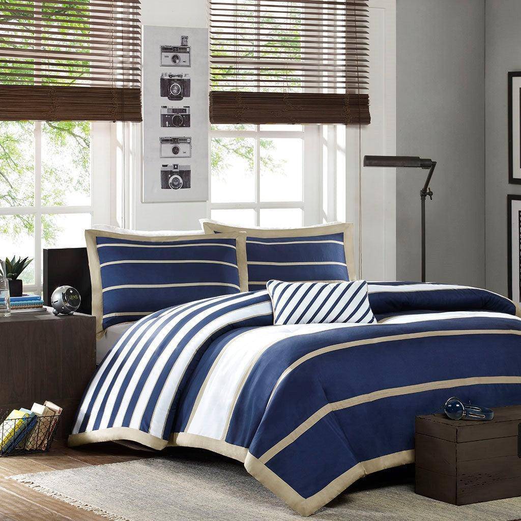 Navy Khaki Stripe 4PC Duvet Cover Set - Nautical Duvet Cover Sets