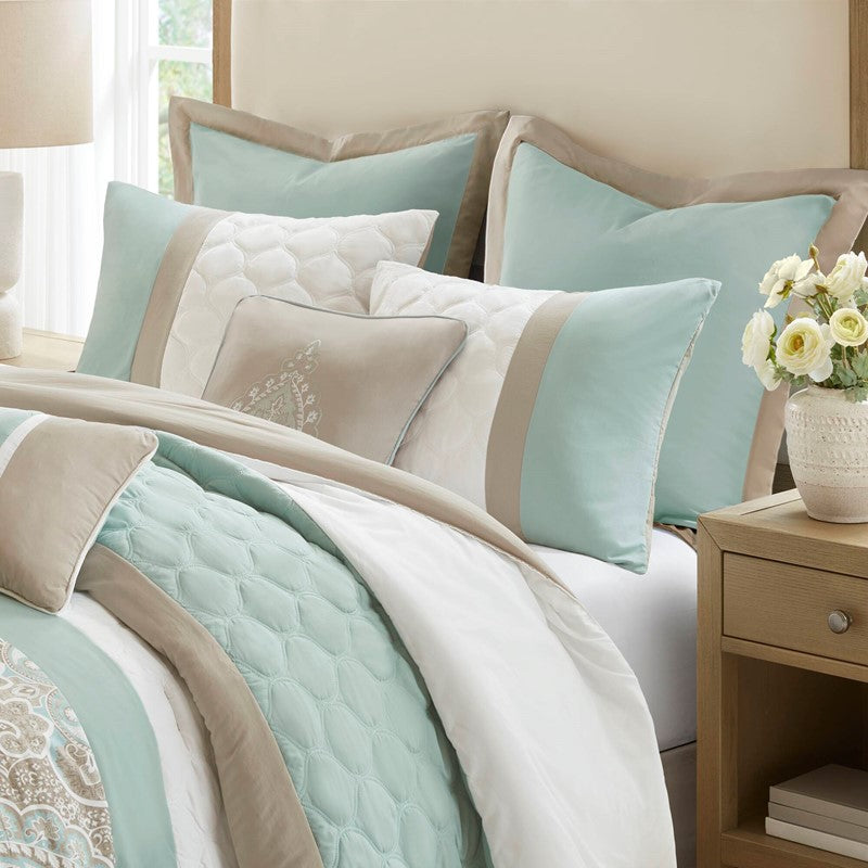 Embroidered Medallion Comforter Set -  Seafoam Medallion Bedding Set - 8PC