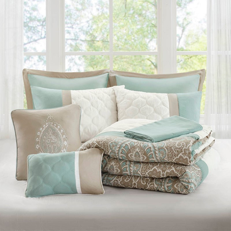 Embroidered Medallion Comforter Set -  Seafoam Medallion Bedding Set - 8PC