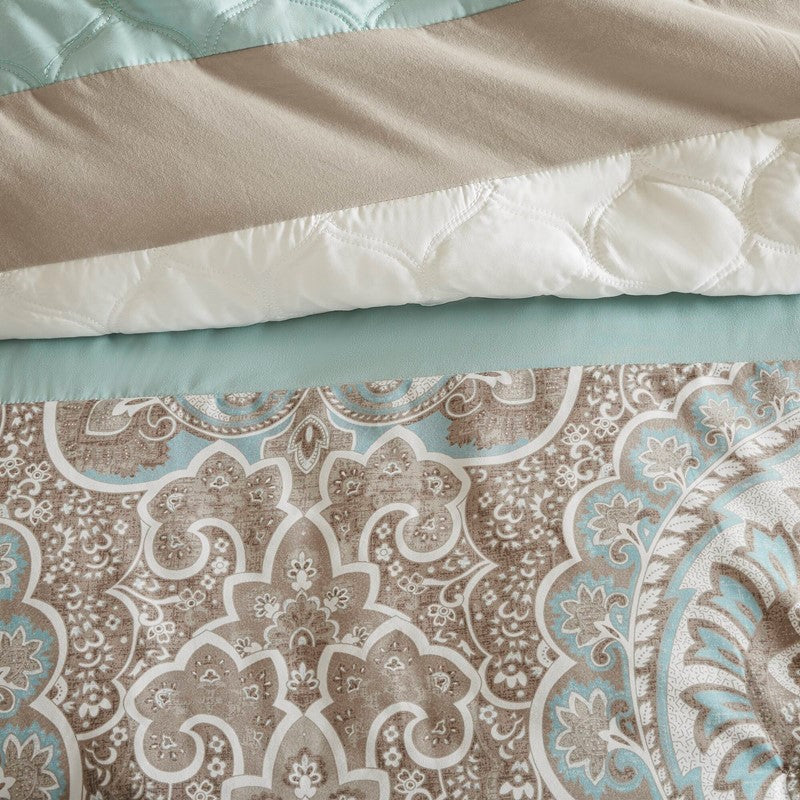 Embroidered Medallion Comforter Set -  Seafoam Medallion Bedding Set - 8PC