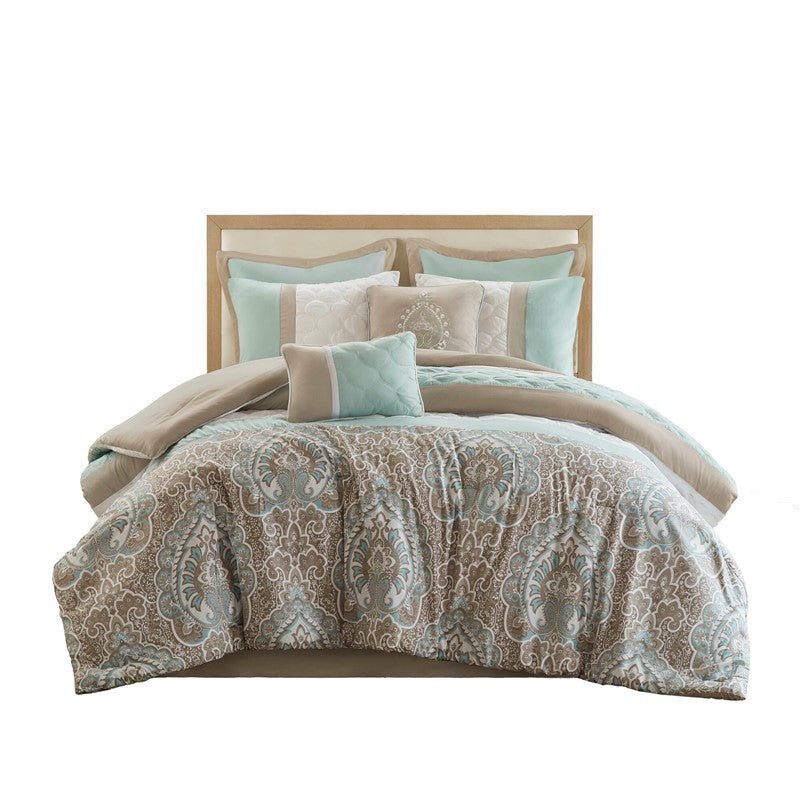 Embroidered Medallion Comforter Set -  Seafoam Medallion Bedding Set - 8PC