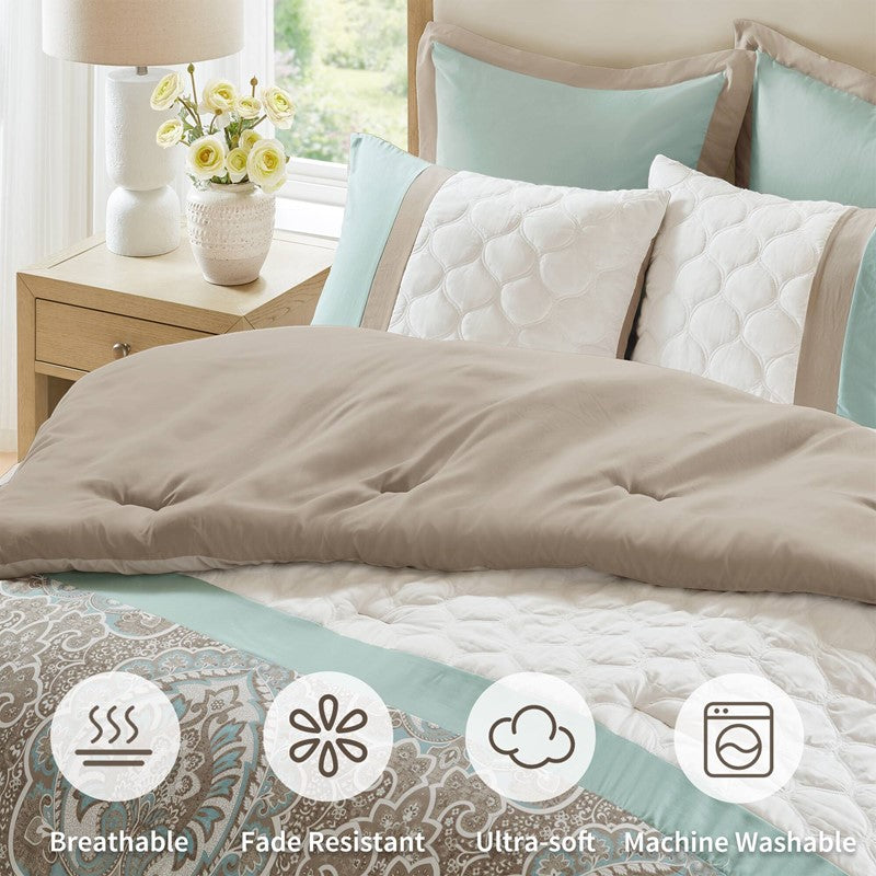 Embroidered Medallion Comforter Set -  Seafoam Medallion Bedding Set - 8PC