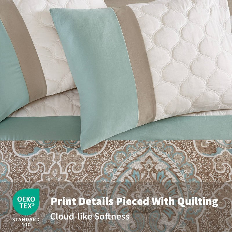 Embroidered Medallion Comforter Set -  Seafoam Medallion Bedding Set - 8PC