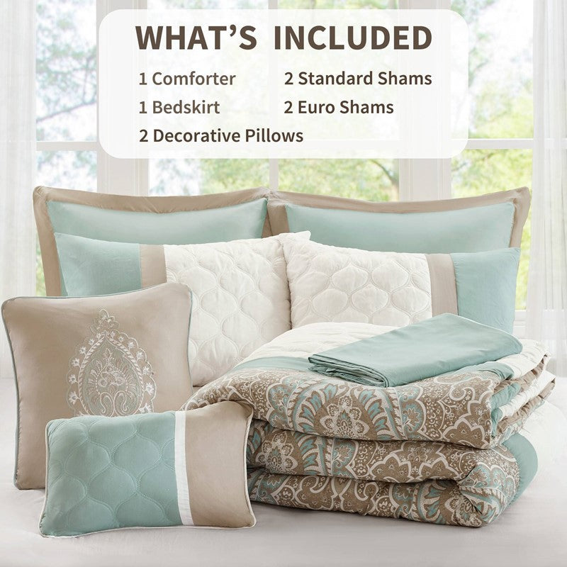 Embroidered Medallion Comforter Set -  Seafoam Medallion Bedding Set - 8PC