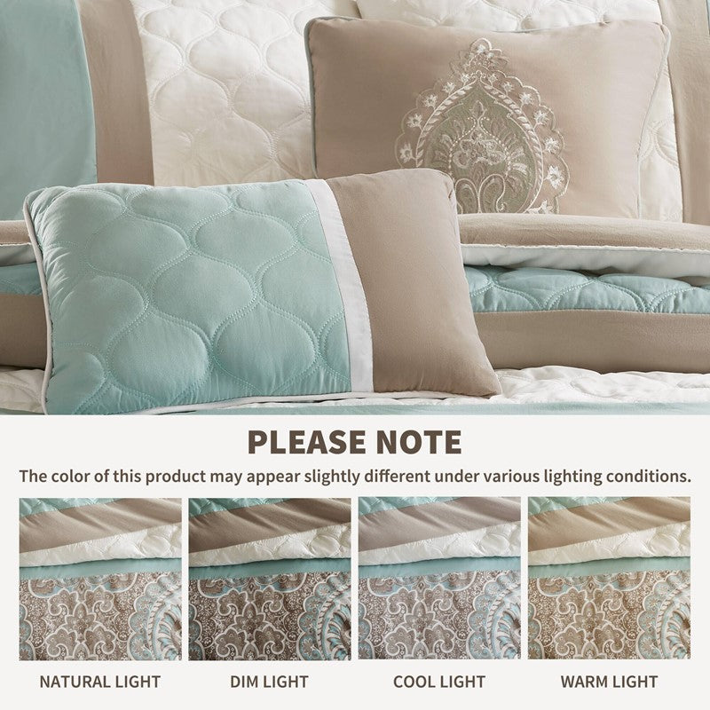 Embroidered Medallion Comforter Set -  Seafoam Medallion Bedding Set - 8PC
